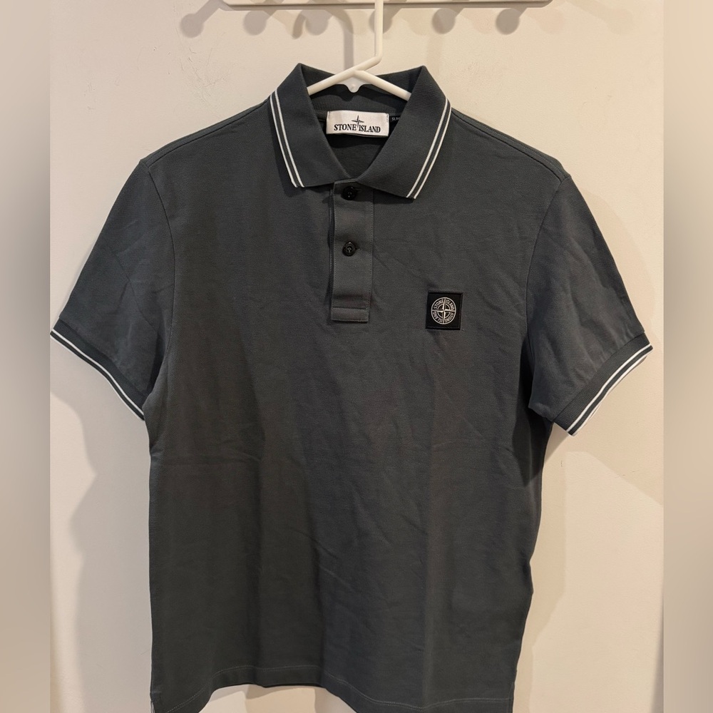 Stone Island Polo Shirt Slim Fit Short Sleeve Cotton Gray White Mens Size Small